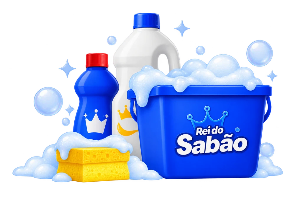 Produtos de limpeza Rei do Sabão: frascos, balde e bolhas de sabão